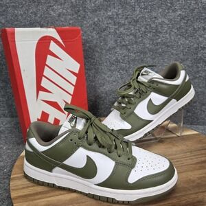 Nike Dunk Low Shoes Womens Size 7 White Medium Olive Leather With Box DD1503-120